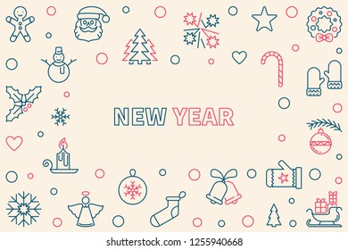 Vector New Year cute horizontal frame or background in thin line style