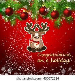 Vector New Year design background. Template card whit red Christmas balls on the green branches . Silhouette of a Christmas tree made of stars. Falling snow. Toy decorative deer. 

