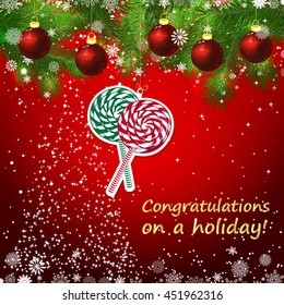 Vector New Year design background. Template card whit red Christmas balls on the green branches . Silhouette of a Christmas tree made of stars. Falling snow. Toy decorative lollypops. 

