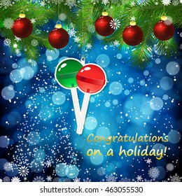 Vector New Year design background. Template card whit red Christmas balls on the green branches . Silhouette of a Christmas tree made of stars. Falling snow. Toy decorative lollypop. 