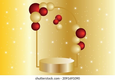 vector New Year design with golden podium and arch. flat image of a golden rack on the background of an arch with balls