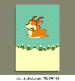 Vector New Year dog on winter forest background. Welsh corgi dog. for christmas, New Year poster