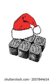 Vector new year element ,set of sushi in Santa Claus hat isolated on white background