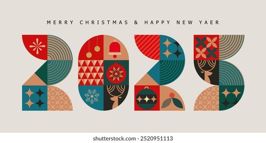 vector new year festive and christmas 2025 concept art, abstract flat geometric background design, new year and christmas card