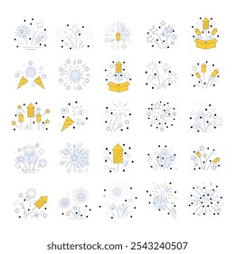 vetor de ícones de conjunto de fogos de artifício de Ano Novo. Foguete flash, efeitos pirotécnicos, cor plana