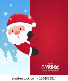 Vector New Year gift card concept. Santa Claus looks out from behind a large signboard and points with his hand to the text that can be changed. Merry Christmas and Happy New Year.