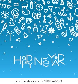Vector New Year gift card. Happy new year greeting card. Hand drawn different elements, icons. Fir tree and present, toy and champagne, heart, candle, star, candy, coffee.