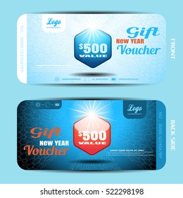 Vector new year gift voucher with label on the blue gradient background with hexagon pattern.