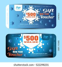 Vector new year gift voucher on the blue gradient background with snowflakes.