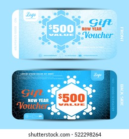Vector new year gift voucher with snowflakes on the blue gradient background with hexagon pattern.