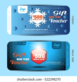 Vector new year gift voucher with snowflake and label on the blue gradient background with hexagon pattern.
