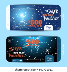 Vector new year gift voucher on the blue gradient background with snowflakes and Christmas tree.