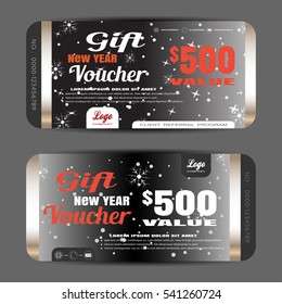 Vector new year gift voucher on the dark gray gradient background with snowflakes and snow.