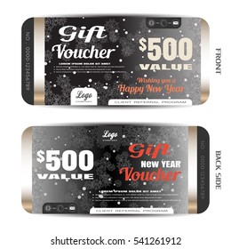 Vector new year gift voucher on the dark gray gradient background with snowflake pattern and snow.