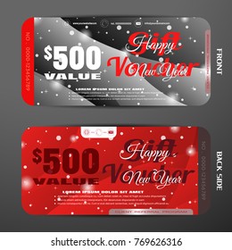 Vector new year gift voucher on the dark gray and red gradient background with wave pattern and snowfall.