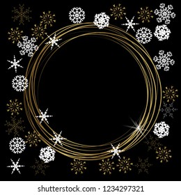 Vector of New Year gold round frame with sparkle and snowflakes.Isolated elemants for Christmas design.Empty space for your text