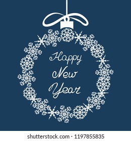 Vector of New year greeting banner with Christmas ball and snowflakes.Hand written words Happy New Year