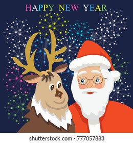 vector of new year greeting banner with Santa Claus and Christmas deer on festive fireworks background.Colorfol words Happy New Year
