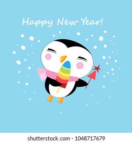Vector New Year greeting card with penguin on blue background