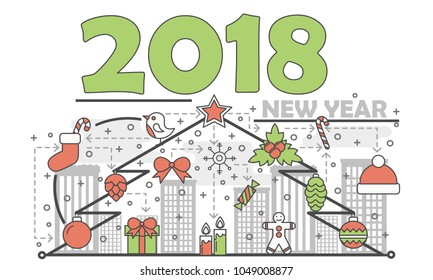Vector New year greeting card design with holiday decorative symbols christmas tree, santa claus hat, gift box, candies, holly berries, New year lettering. Thin line flat style design illustration.