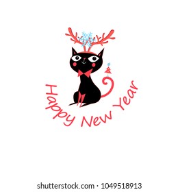 Vector New Year greeting card with funny cat on a white background