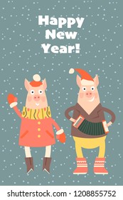 Vector  New Year greeting card with couple of funny pigs in cartoon style. 