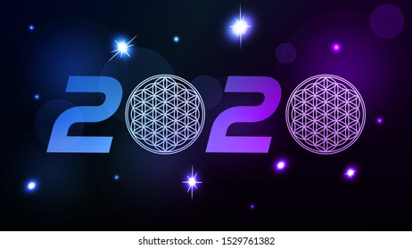 Vector New Year and New Year Greeting card. Glowing Flower of Life.
Vector illustration.