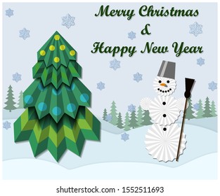 A vector New Year greeting card with a Christmas tree and snowman cut from colored paper on it and graphic snowflakes and forest in the background.

