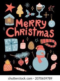 Vector New Year greeting card. Doodle cartoon collection with snowman and Christmas decoration 
