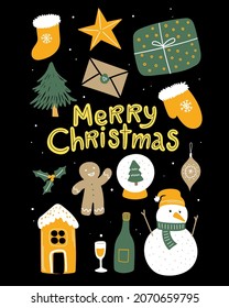 Vector New Year greeting card. Doodle cartoon collection with snowman and Christmas decoration 