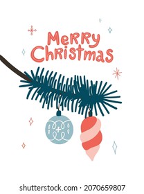 Vector New Year greeting card. Doodle cartoon collection with snowman and Christmas decoration
