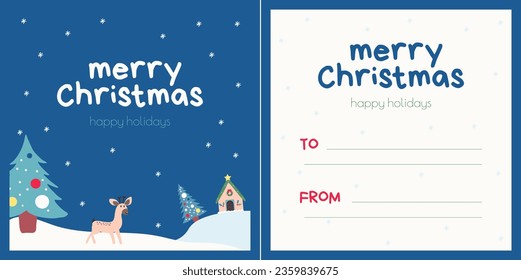 Tarjeta de bienvenida vectorial de Año Nuevo, con naturaleza, con reno y cabaña, copos de nieve sobre fondo azul. Plantilla de tarjeta de saludo de invierno preparada con espacio para rellenar la tarjeta de saludo