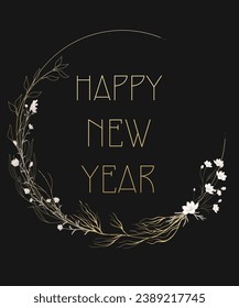 Tarjeta de saludo vectorial de Año Nuevo con elegante corona floral