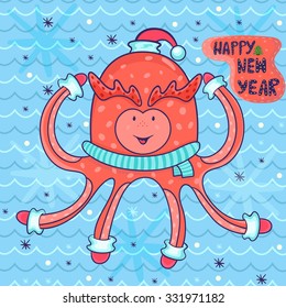 vector new year greeting card in childish style. happy octopus in Santa hat, scarf, gloves. amazing festive background of sea waves and snowflakes.