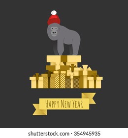 Vector New Year greeting card with gorilla on the gift boxes