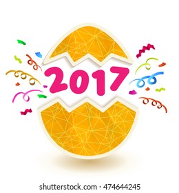 Vector new year greeting card with egg, confetti and numbers 2017 year of rooster, template, design element