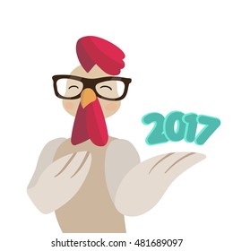 Vector new year greeting card with hipster rooster 2017 new year