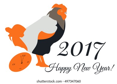 Vector New Year greeting card with a rooster and a clock in orange tones