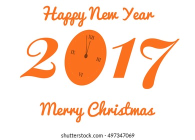 Vector New Year greeting card with a rooster and a clock in orange tones