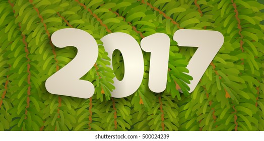 Vector new year greeting card or flyer with fir tree branches and numbers 2017