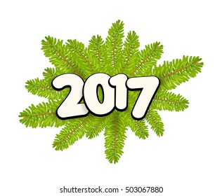 Vector new year greeting card with fir tree branc??? and numbers 2017