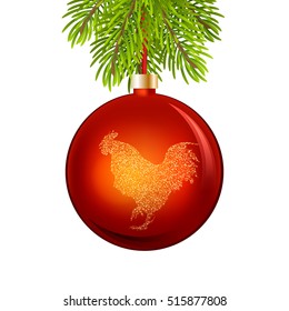 Vector new year greeting card, fir tree branch, red christmas toy with glitter drawn rooster