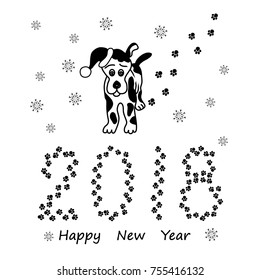 vector of New Year greeting card with dog as symbol new year 2018.Puppy in Santa Claus hat,number of year and snowflakes.Black and white
