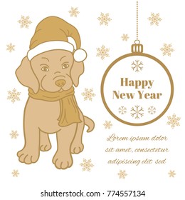 Vector New Year greeting card or square banner. Pretty puppy in Santa's hat and scarf. Light brown objects isolated on white background. You can insert your own inscription.