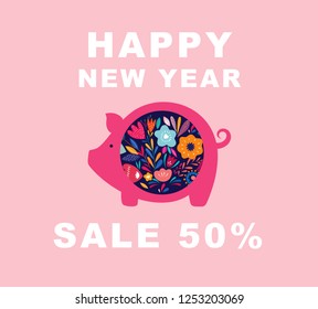 Vector New Year greeting illustration with cute pig. Chinese New Year greeting banner.