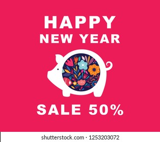Vector New Year greeting illustration with cute pig. Chinese New Year greeting banner.