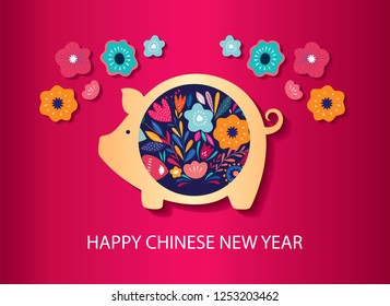 Vector New Year greeting illustration with cute pig. Chinese New Year greeting banner.