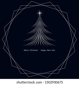 Vector of New Year greeting or invitation card,banner,poster template with Christmas fir tree,frame and empty space for text.Minimal, monochrome
