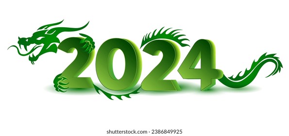 Vector New Year greeting symbol for the year 2024 featuring a green dragon on a white background.