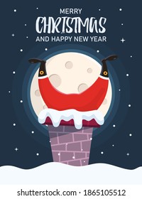 Vector New Year holiday card. Santa Claus against the background of the moon on New Year's Eve is trying to climb through the chimney to leave gifts under the tree. Snow covered roof and chimney.
